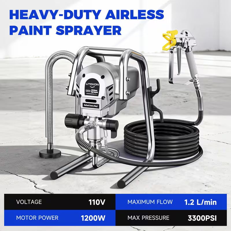 1200W Heavy-Duty Airless Paint Sprayer, 3300PSI High Pressure And 40.58oz/Min High Flow for Fast