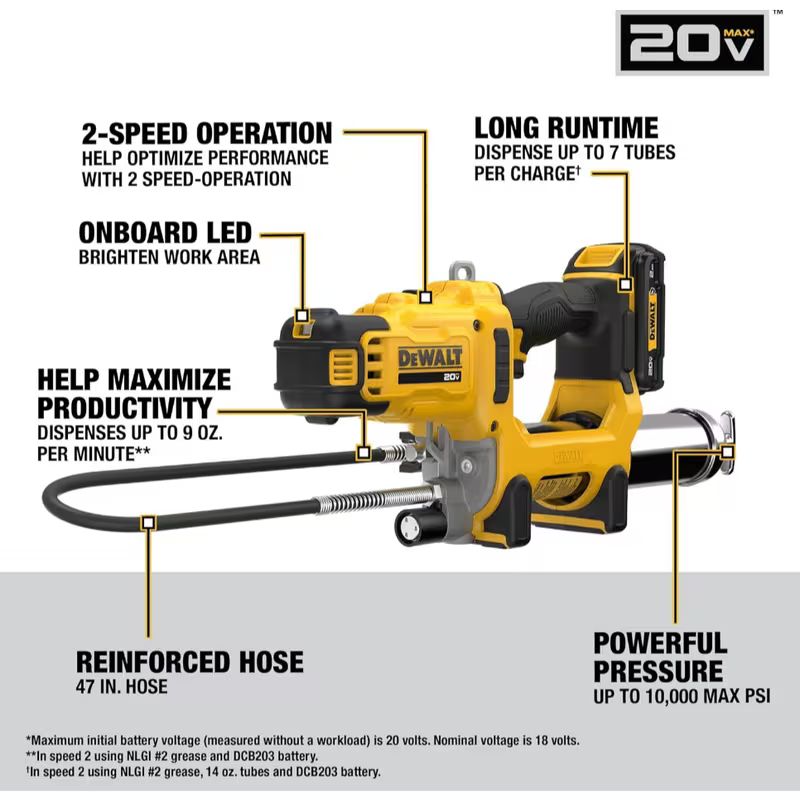 DEWALT Grease Gun 20V MAX, 10,000 PSI Variable 2-Speed Cordless Grease Gun