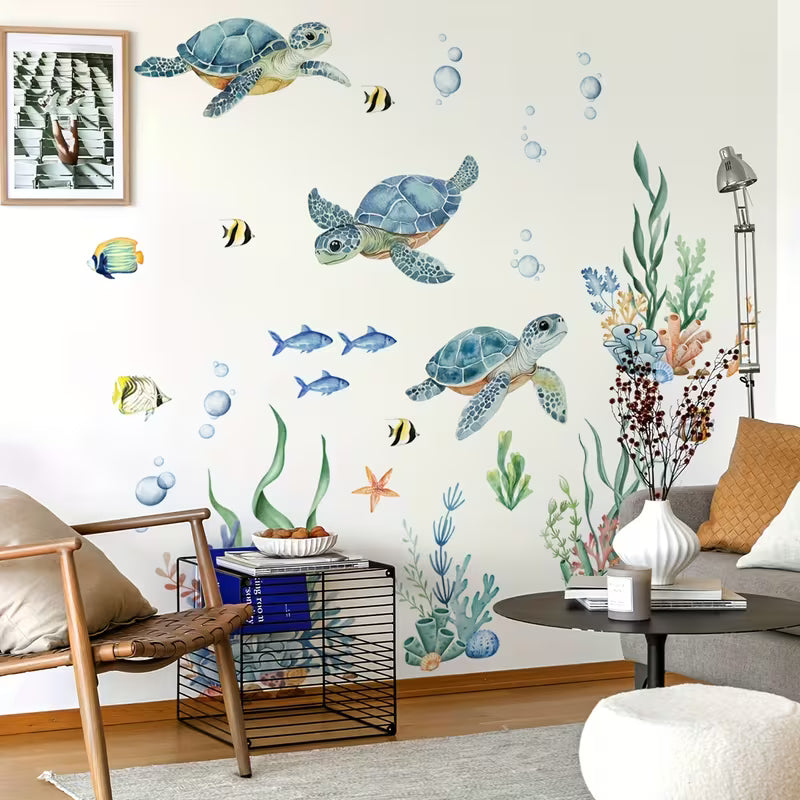 Two sea creatures sea turtles seaweed wall stickers