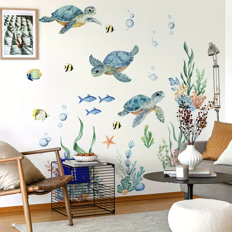 A set of two sea creatures sea turtles seaweed wall stickers spring home decor stickers