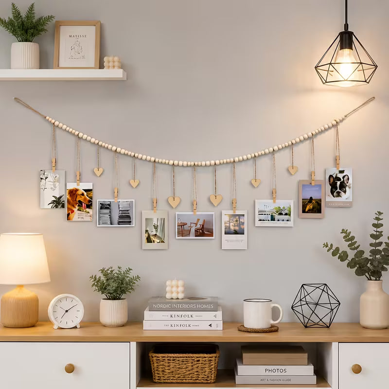 Bohemian Style Wall Hanging Photo Display Rack, Wooden Beads Picture Holder with Clips Heart