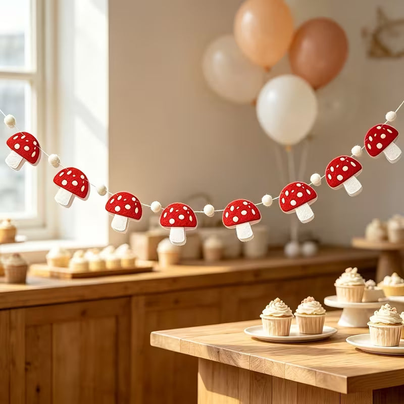 Mushroom Garland - Red Mushroom Pompom Banner, Woodland, Red