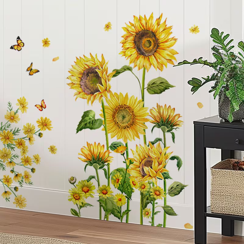 1 Set, 2pcs, Sunflower Wall Stickers, Proud Sunflower Blossoms with Butterflies Flying Around