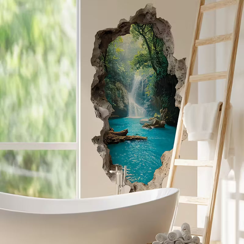 Creative Ripped Valley Waterfall Scenery Wall Decal, Landscape Wall Sticker - Removable Glossy