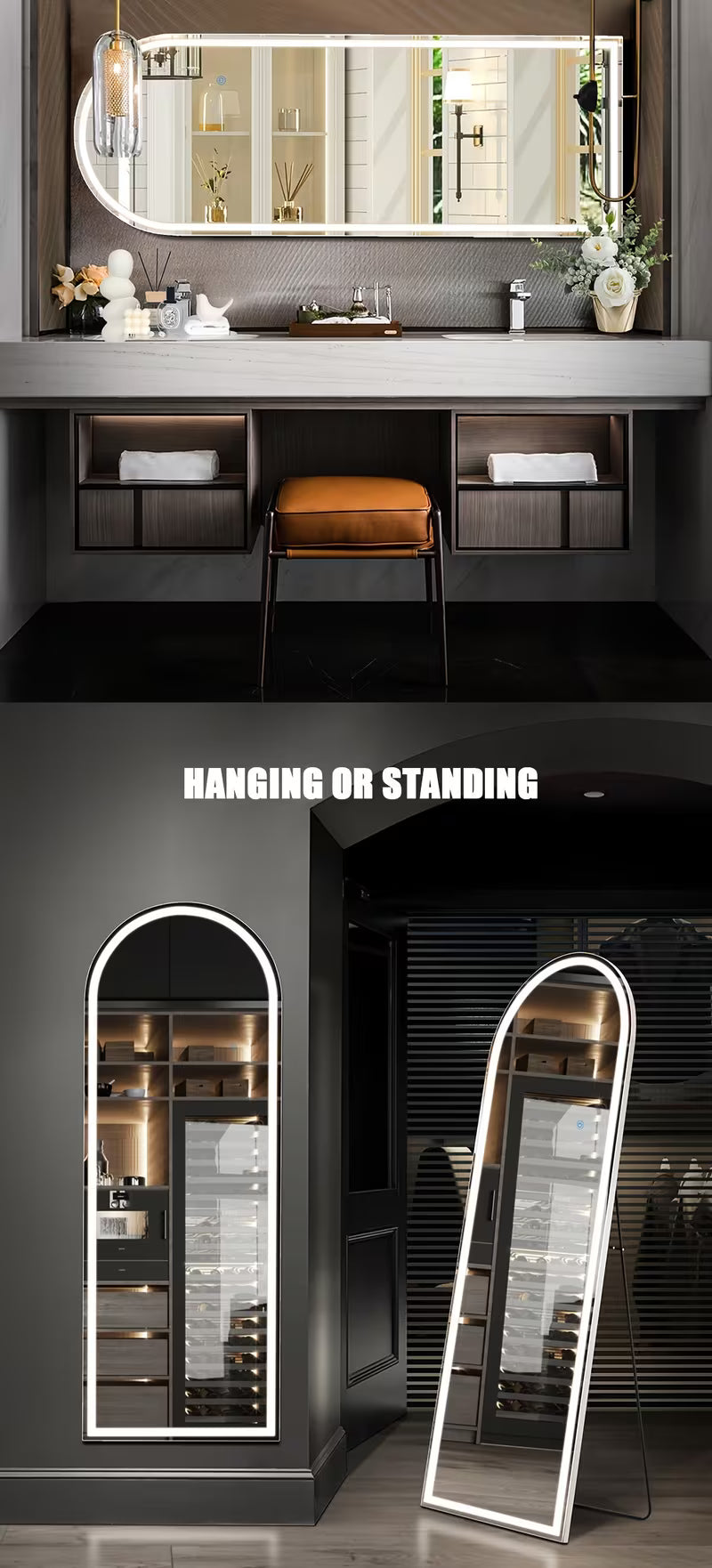 LED Lighted/Not-LED Lighted Full-Length Mirror with Arched/Rect Top