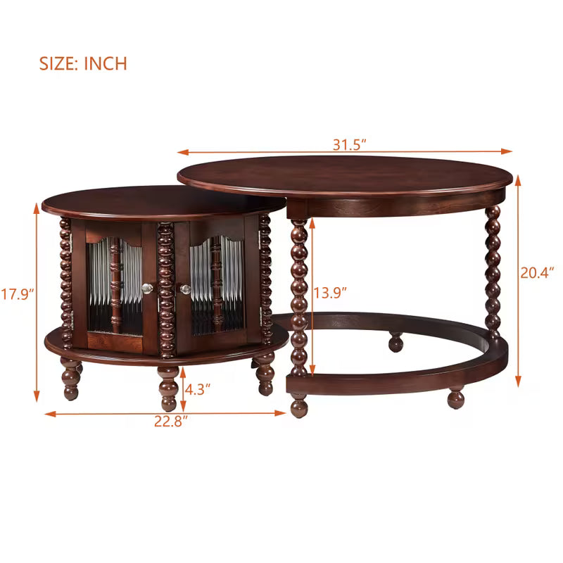 Vintage Round Nesting Coffee Table, Six Bamboo-Shaped Decorative Glass Doors, Retro Beaded Legs
