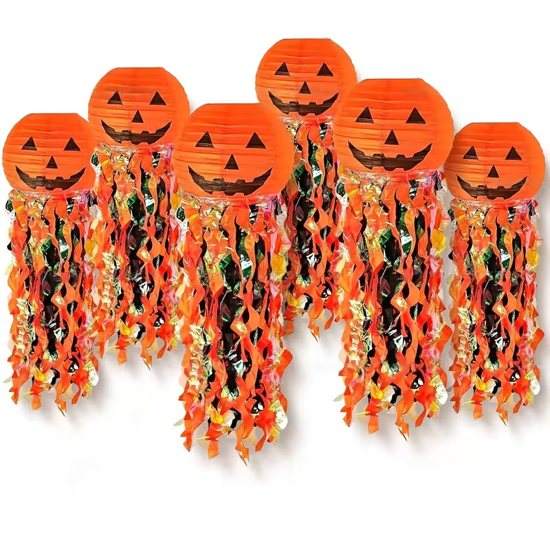 Halloween Jack-O-Lantern Ghost Decorations, Paper Pumpkin Lanterns with Streamers