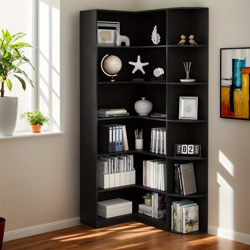 Contemporary 71-Inch Tall Bookshelf, a Standalone Corner Unit, Finished in an Elegant White