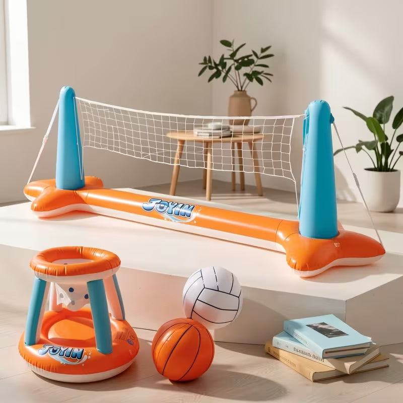 SYNCFUN Inflatable Pool Float Set Volleyball Net & Basketball Hoops