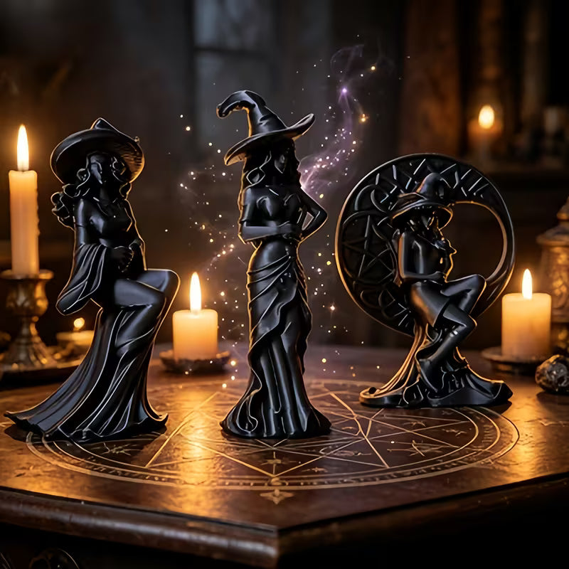 3pcs Set of Black Witch Statues, Gothic Moon Witch Statues, Witch Worship Pentagram Decorations