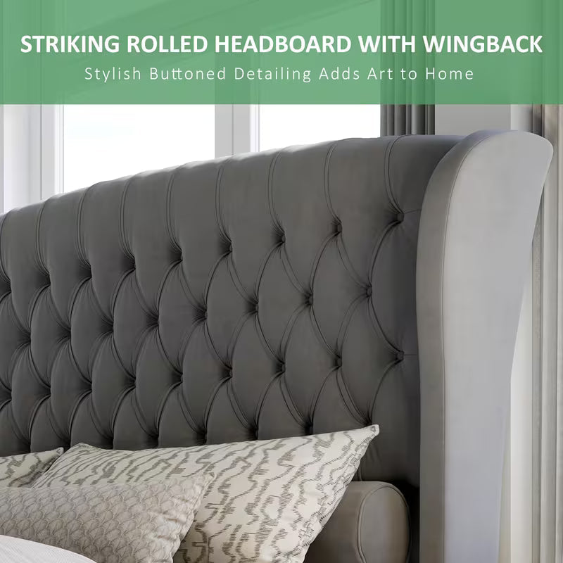 Chenille Upholstered Platform Bed Frame with Scroll Wingback Headboard And Footboard