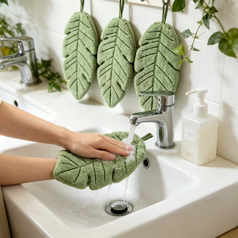 Cute Banana Leaf-Shaped Hand Towels, Coral Fleece Set