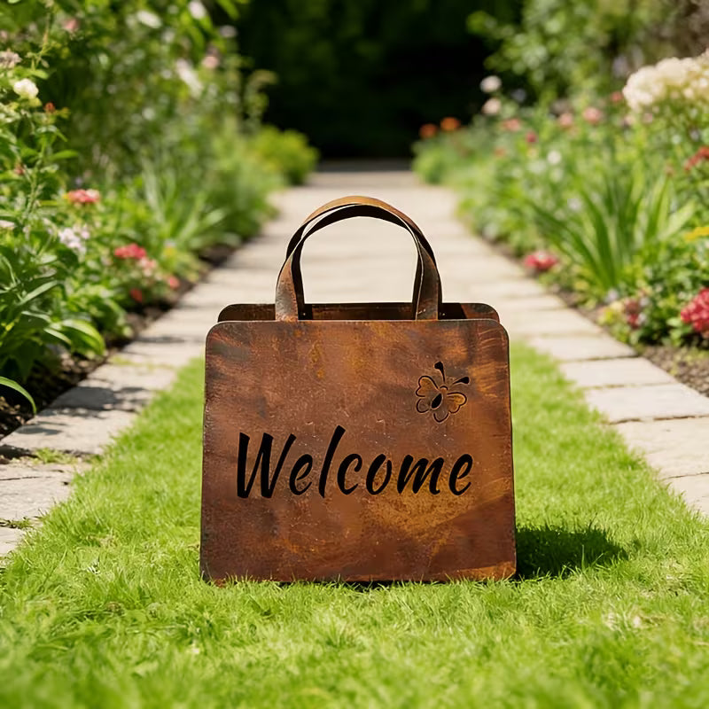 1pc Vintage Iron Handbag Garden Statue with Hello & Welcome Sign