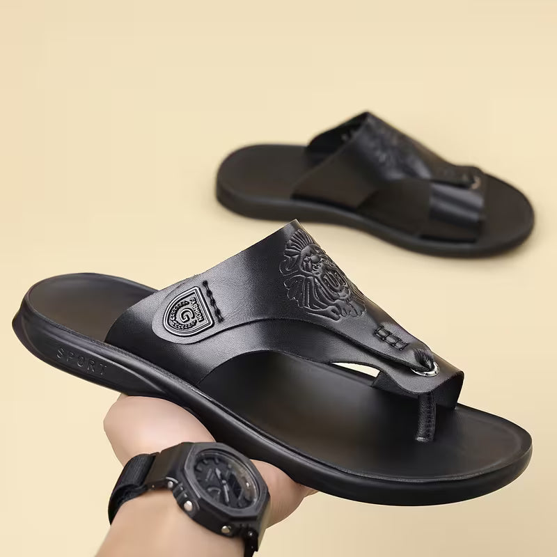 Men'S Toe Loop Slide Sandals Lion Embossed Detail Metal Accent Comfortable Thick Sole Non-Slip