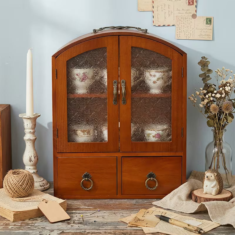 Vintage Pine Multifunctional Storage Cabinet Made of Solid Wood with Acrylic Window And Drawers.