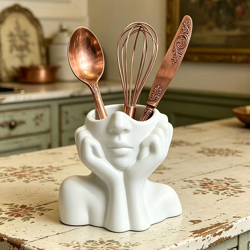 Artistic Face Bust Plastic Kitchen Utensil Holder • Set, Plastic, Black