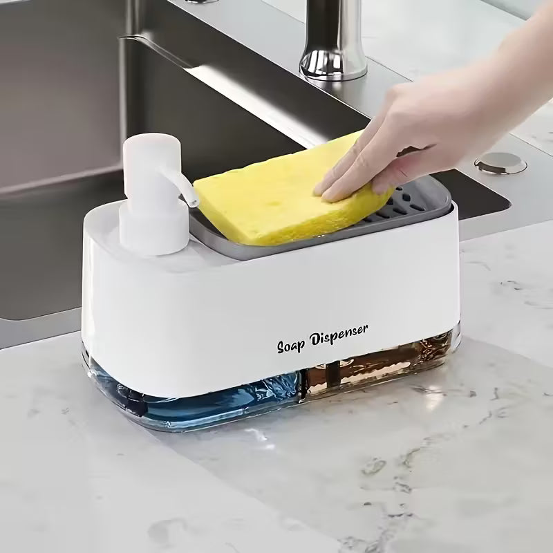 2-in-1 Soap Dispenser and Sponge Holder - Freestanding Countertop Storage Box with Pump
