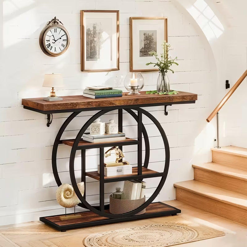 Rustic Modern 41.3" Console Table with 4-Tier Storage Shelves