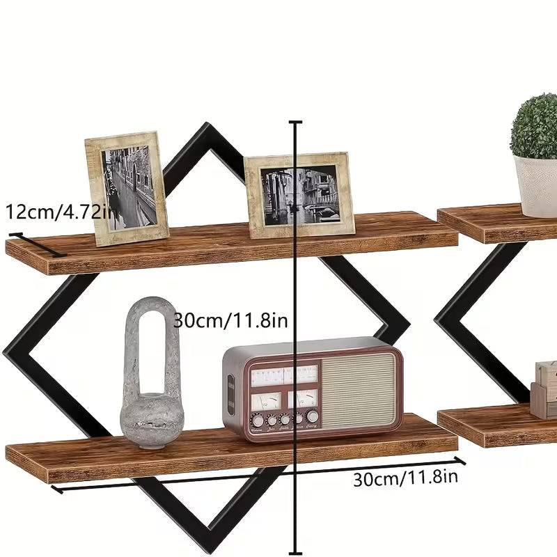 2/4pcs Double Layer Geometric Diamond Wall Floating Shelf Decorative Industrial Hanging Metal Wire
