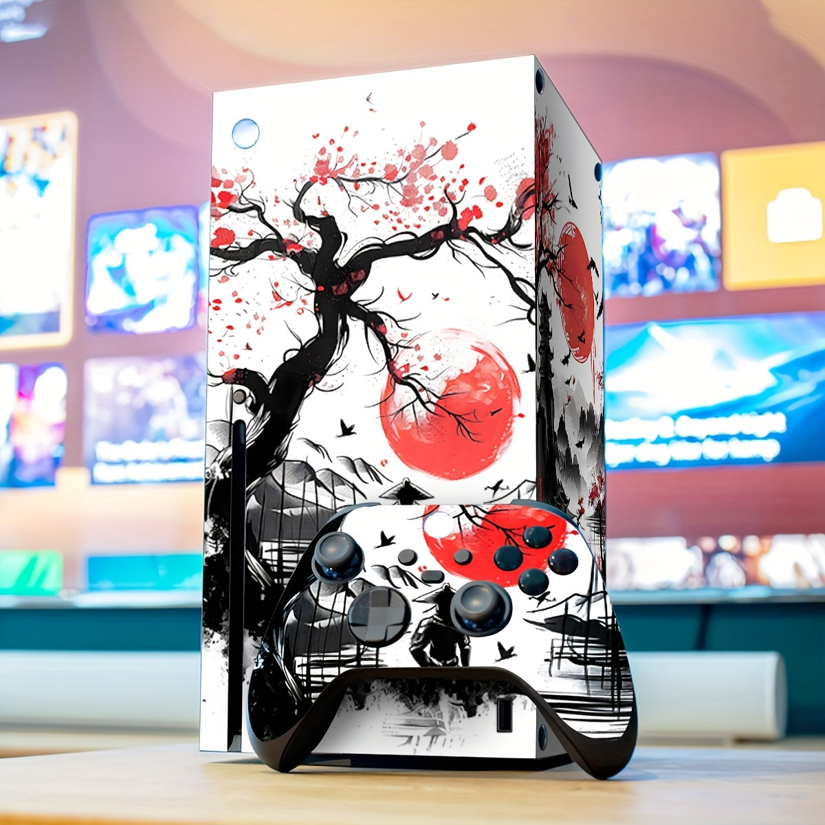 For Xbox Series X Console Red Black Ink Wash Samurai, Pvc, Black