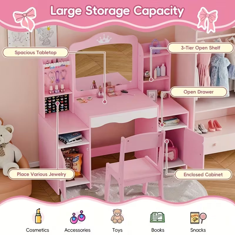 Elegant White 2-in-1 Kids Vanity Set: Storage Cabinet