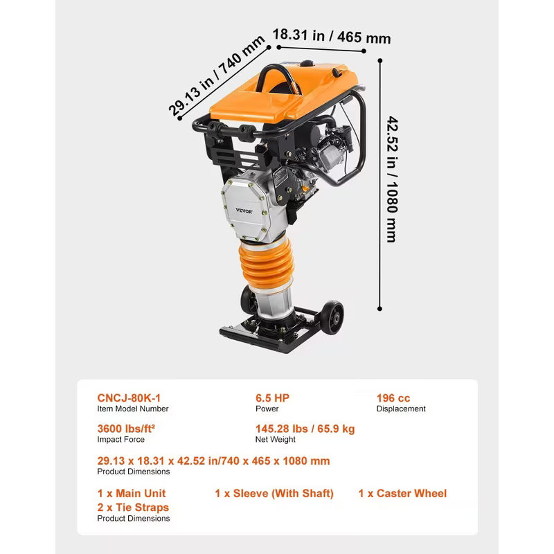VEVOR Jumping Jack Compactor, 6.5 HP Vibratory Rammer Fuel-Powered 196 cc Engine Tamper