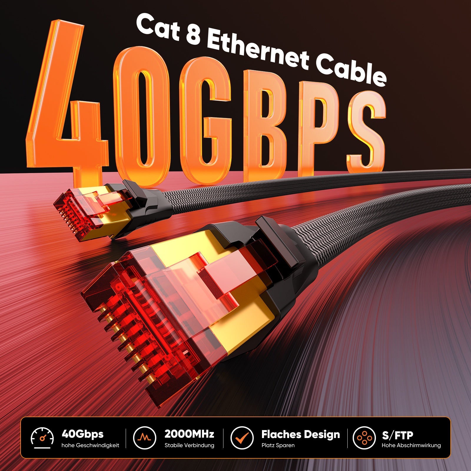 Cat 8 Ethernet Cable, High-Speed 40Gbps 2000MHz | Nylon Braided, Gold