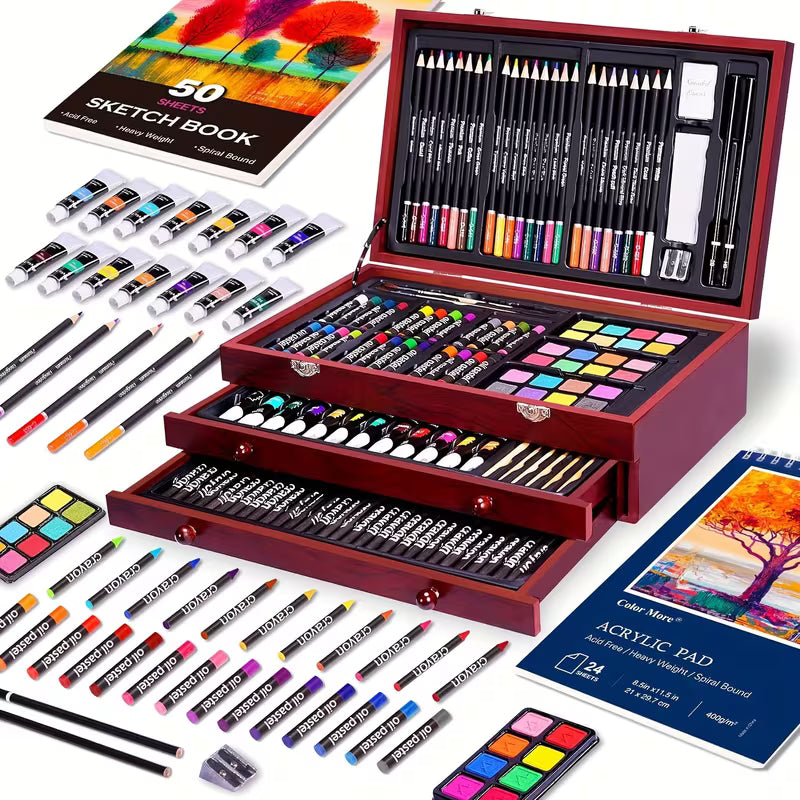 175pcs Deluxe Art Set With 2 Drawing Pads, Crayons, Acrylic Paints, Colored Pencils Set