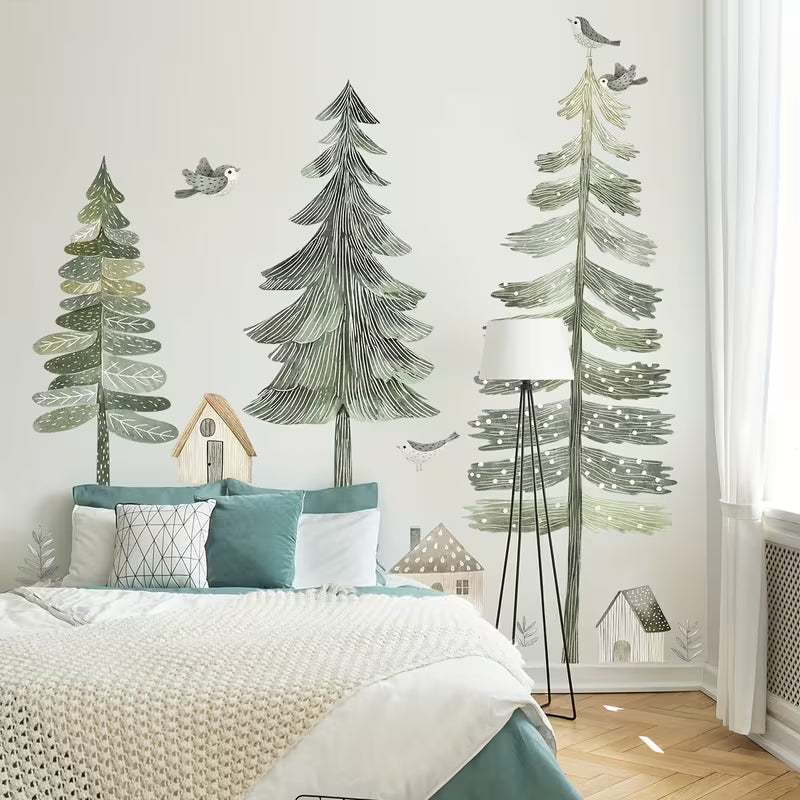 A Set of 2 Sheets (11.81*35.43inch*2pcs) Hand-Painted Pine Tree Village Bird Wall Stickers Living