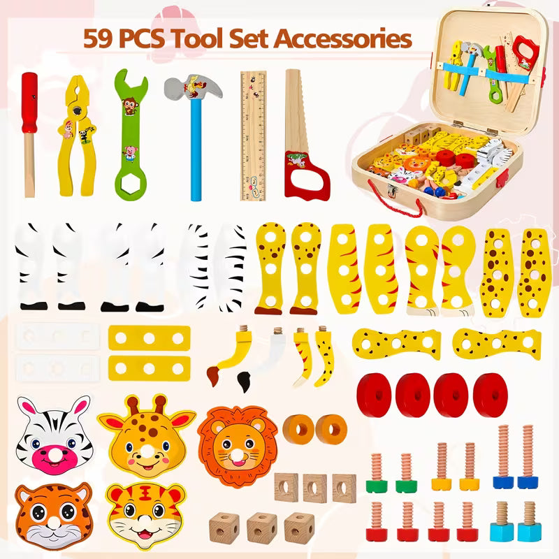 Kids' Wooden Animal Pattern Toolbox Toys with Hand Rope