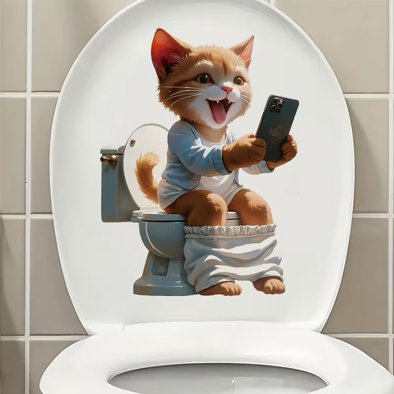 Funny Cat Selfie Toilet Sticker, Cute Cartoon Cat Bathroom Wall Decal, Kids Room Decor