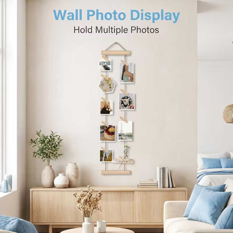 Natural Wood Photo Hanging Rope with Wooden Clips, Multi-Photo Display Rack, No Drilling