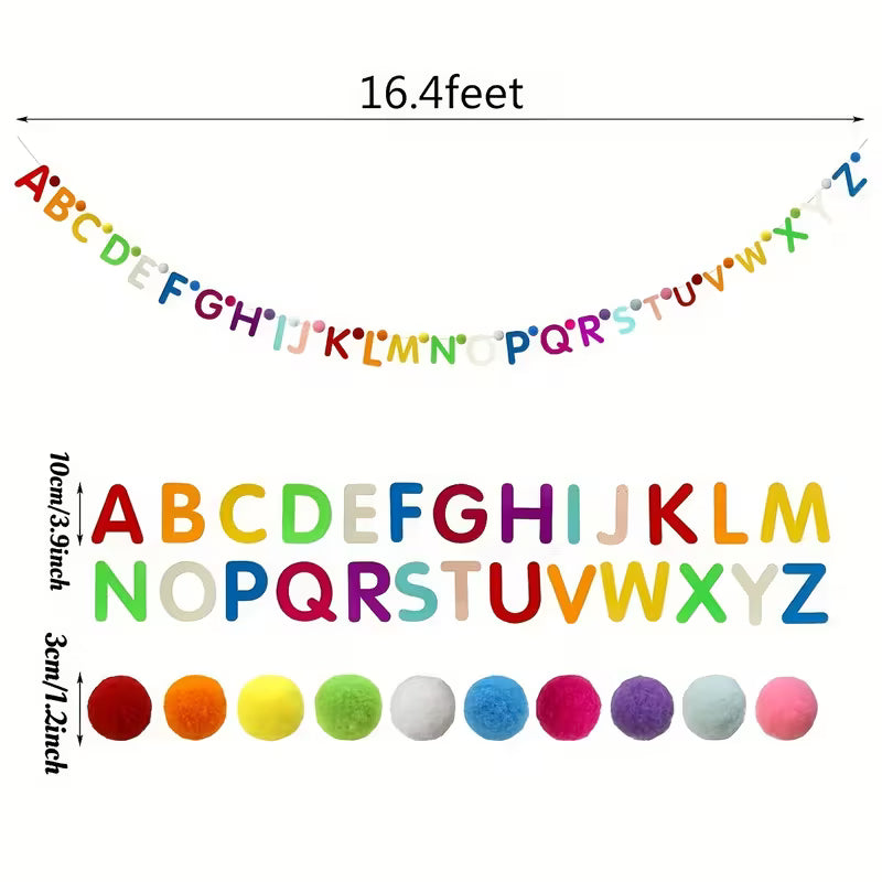 Pre-Assembled, 13Ft Felt Letter And Pom-Pom Decorated Garland, Alphabet Banner