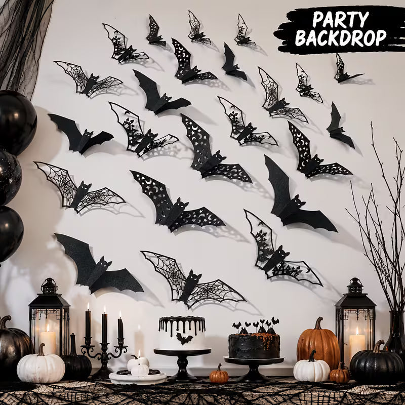 24pcs Halloween 3D Bats Decorations Hollow Out Bats Wall Decor, Paper Scary Bat Stickers