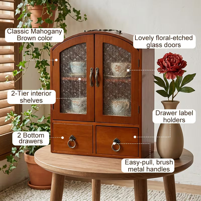 Vintage Pine Multifunctional Storage Cabinet Made of Solid Wood with Acrylic Window And Drawers.
