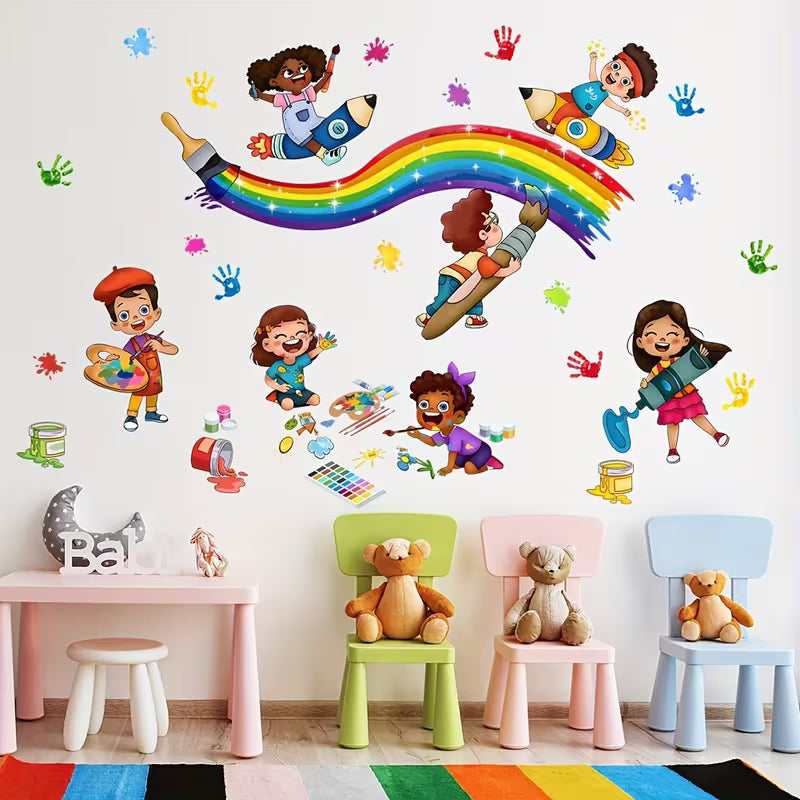 Cartoon Doodle Painting Palm Print Rainbow Wall Sticker Kids Room Kindergarten Classroom Bedroom