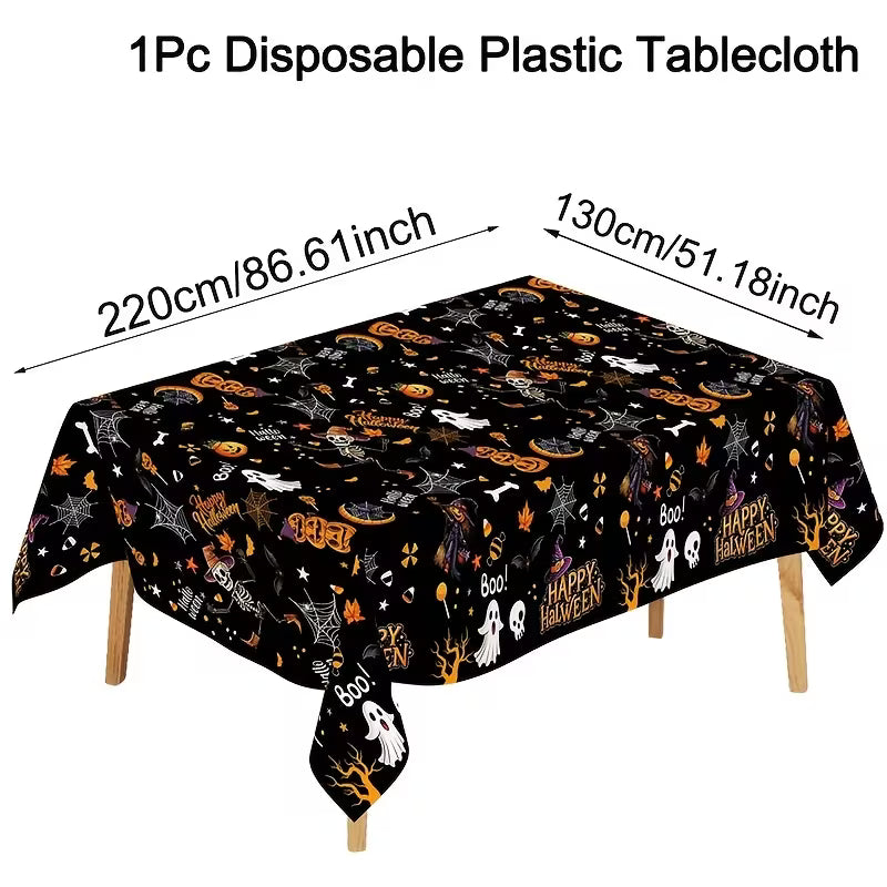 Happy Halloween Tablecloth, Pumpkin Ghost And Skeleton Designs Set, Plastic