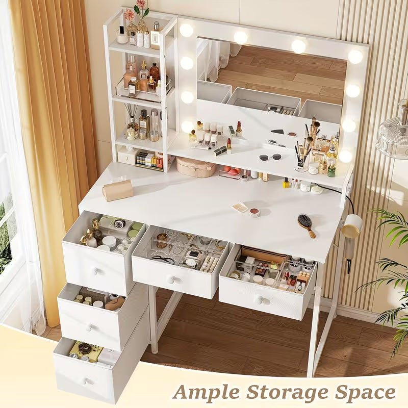Vanity Desk with Lights, Makeup Vanity with Power Strip, Dressing Table Set with 5 Large Drawers