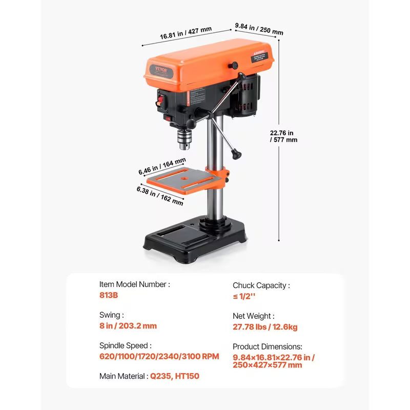 VEVOR 8 in Benchtop Drill Press, 2.5A Induction Motor