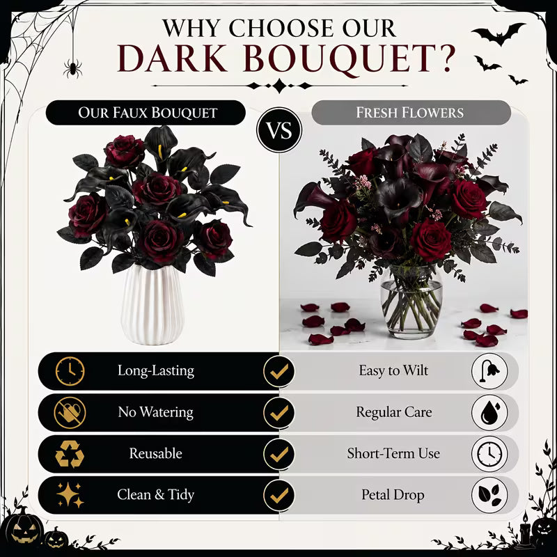 12pcs Autumn Halloween Burgundy Rose Black Lily Simulation Bouquet