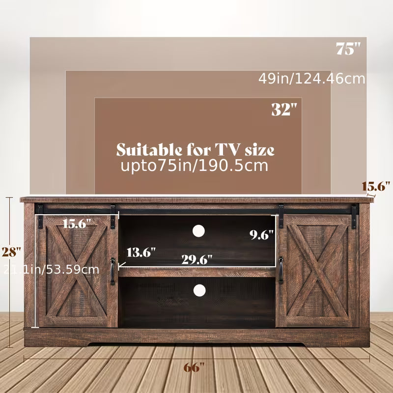 66" Farmhouse TV Stand for 75" TVs, Entertainment Center with Sliding Barn Doors