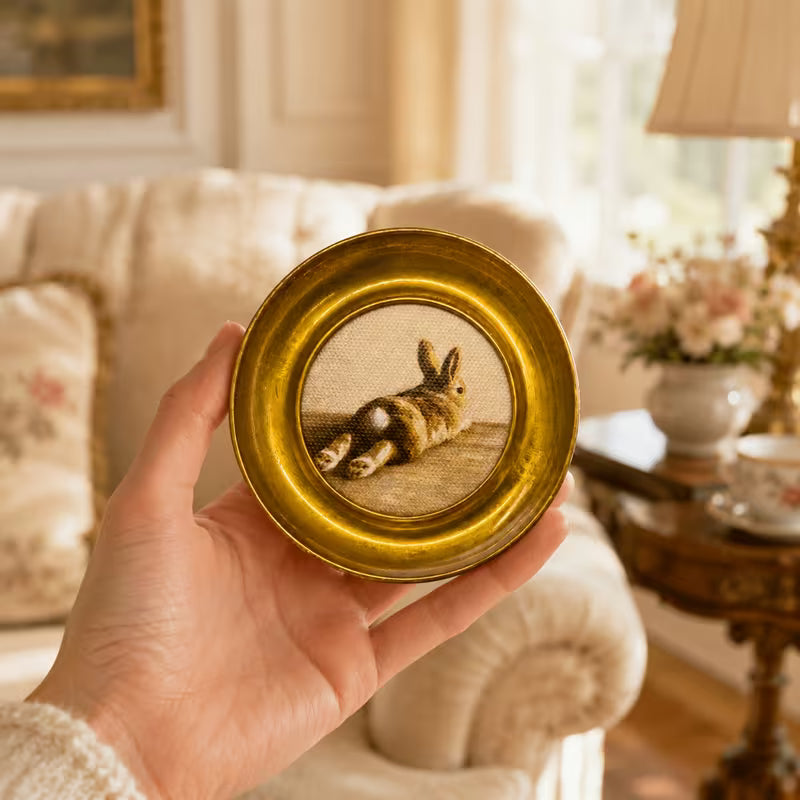 Vintage Bunny Round Wall Decor, Victorian Golden Retro Art Photo Frame Ornament