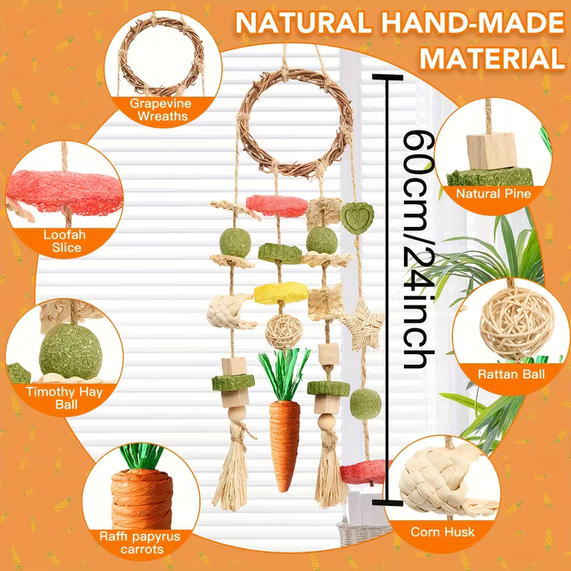 Bunny Chew Toy, Rabbits Cage Hanging Chew Toys Set, Rattan