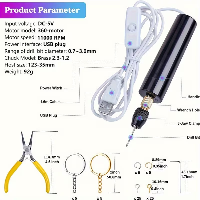 74pcs USB-Powered Precision Drill Set - Metal Mini Drill Kit with 10 Bits(0.8-3mm) & Accessories