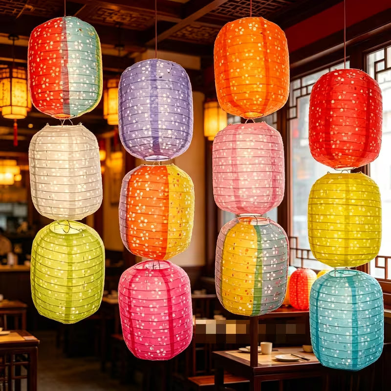12pcs Floral Hollow-Out Long Paper Lantern Set, Including 6 Lanterns And 6 Lantern Bases