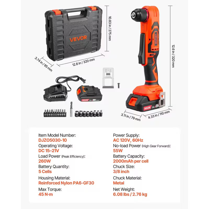 VEVOR Right Angle Drill 3/8 Inch Chuck 90 Degree Cordless Right Angle Drill