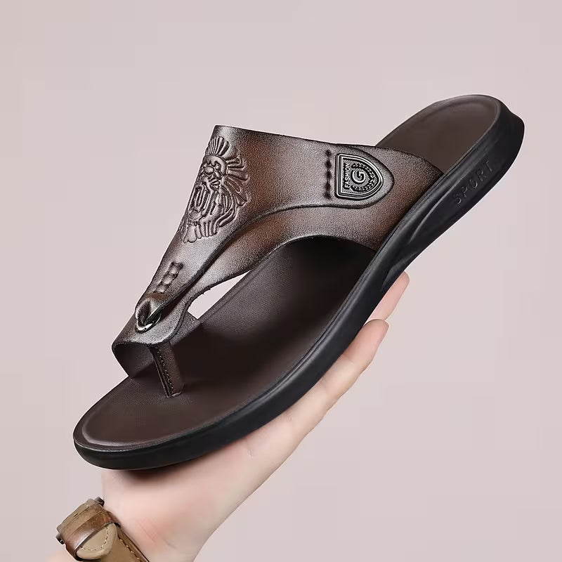 Men'S Toe Loop Slide Sandals Lion Embossed Detail Metal Accent Comfortable Thick Sole Non-Slip
