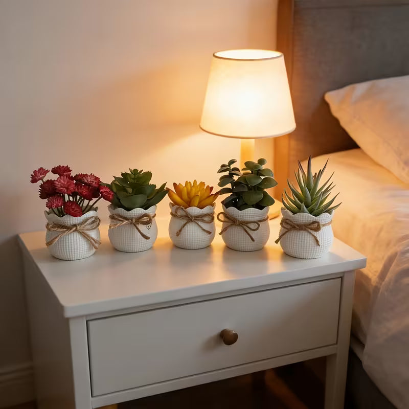 5pcs Artificial Evergreen Succulent Mini Potted Plants, Faux Ceramic Pots with Bow Ties