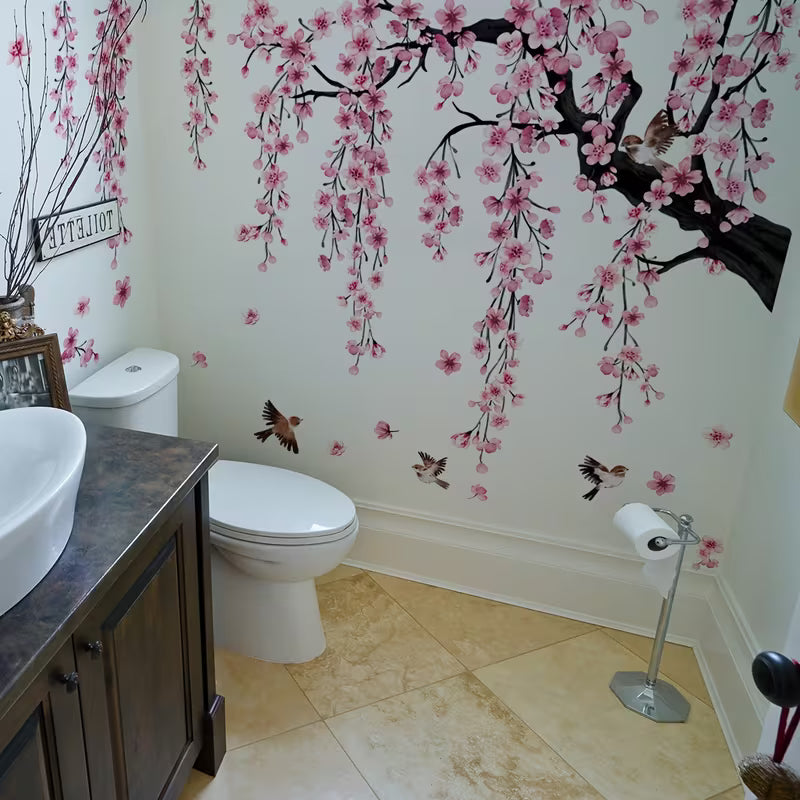 4-Piece Pink Peach Blossom Tree Bird Falling Flower Wall Stickers | Bathroom, Bedroom & Living