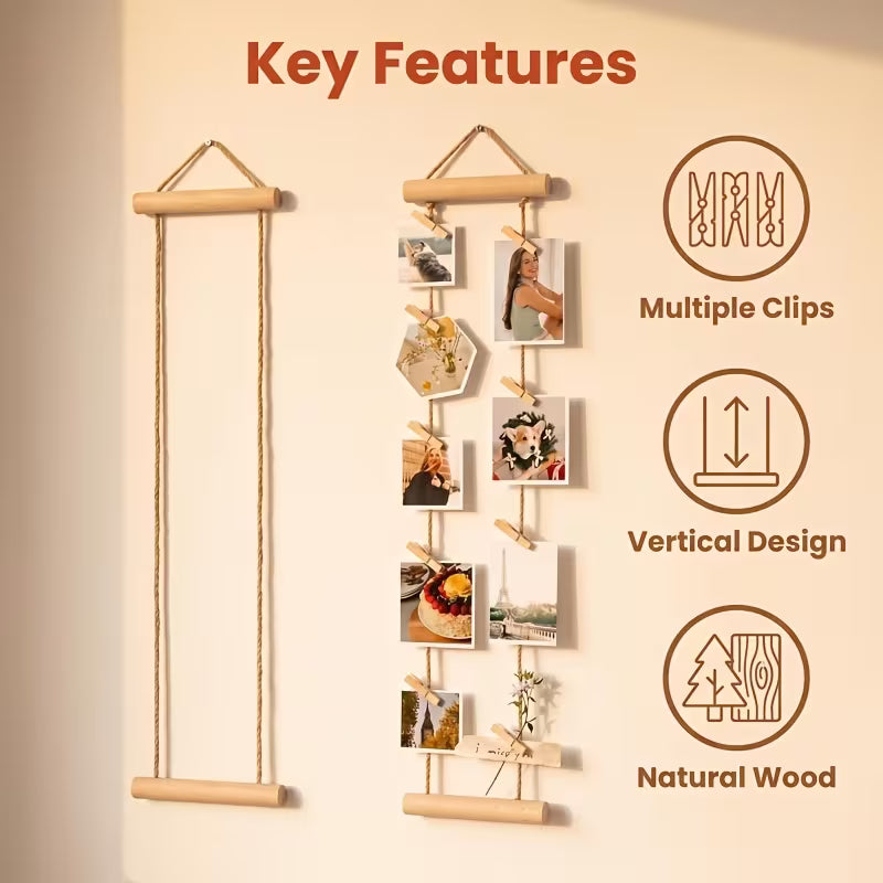 Natural Wood Photo Hanging Rope with Wooden Clips, Multi-Photo Display Rack, No Drilling